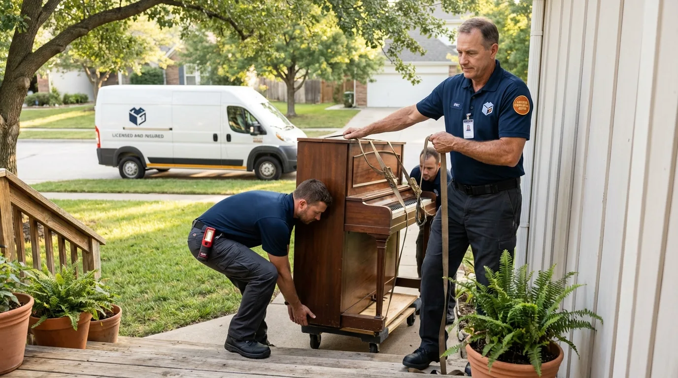 Licensed piano movers securing grand piano in Anderson, MO